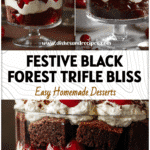 Glass trifle bowl filled with layers of chocolate brownie, cream, and cherries for a Black Forest Trifle Christmas dessert.